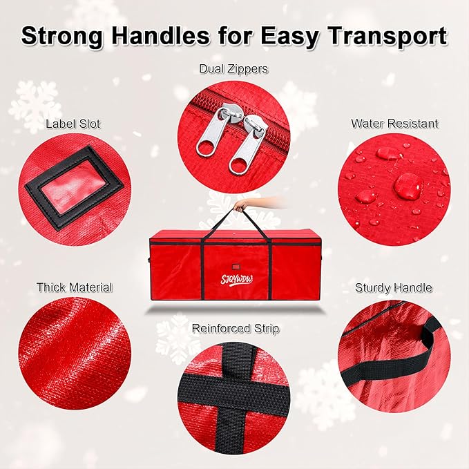 Christmas Tree Storage Bag 9ft, Heavy Duty Artificial Xmas Bag with Reinforced Handles, Dual Zippers Wide Opening, Two Mesh Pockets, PE Large Storage Container for Decorations Trees (Red)