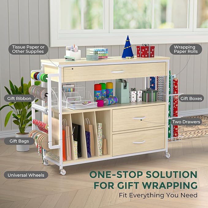 Wrapping Paper Storage & Organizer, Craft Cart with Ribbon & Gift Bag Storage, Wrapping Paper Organizer Holder(3 Wooden Drawers- Oak)