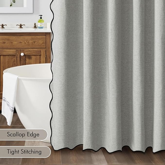MIULEE Light Grey Scalloped Shower Curtain Linen Textured with 12 Metal Hooks Cute Heavy Duty Washable Waterproof Thick Cloth Shower Curtains with Black Border for Bathroom Hotel Bathtub,W72*L72
