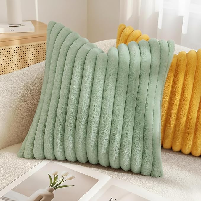 decorUhome Summer Cozy Faux Fur Throw Pillow Covers 20x20 Set of 2 Decorative Soft Plush Striped Modern Farmhouse Boho Couch Pillow Cases with Velvet Back for Sofa Bed Living Room, Sage Green