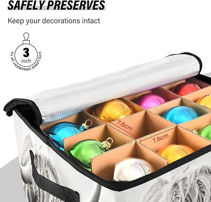 Kigai Highland Cow Christmas Ornament Storage Box with Zipper & Adjustable Dividers Holiday Ornament Organizer Xmas Storage Container, 64 Balls