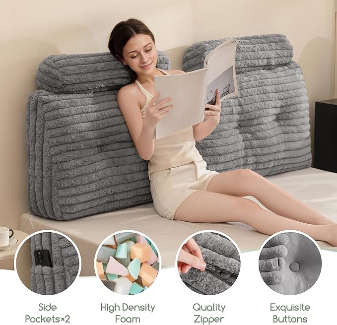HIGOGOGO Triangular Headboard Wedge Pillow with 2 Cylindrical Pillows and Memory Foam Filling, Daybed Pillows for Sitting up, Reading or Working with Removable Cover,Queen 59.1"x19.7"