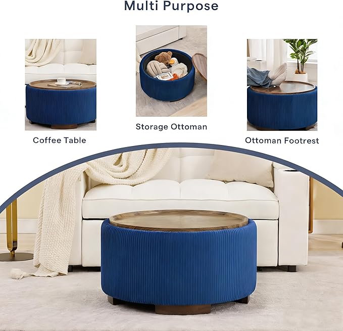 29.5 Inch Round Storage Ottoman Coffee Table,Modern Circle Coffee Table with Storage with Removable Lid Top and Solid Wood Legs,Large Round Ottoman for Bedroom,Living Room,Velvet,Blue
