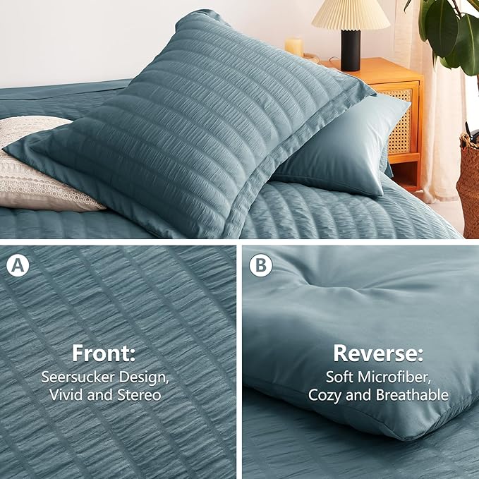 CozyLux Full Size Comforter Sets with Sheets 7 Pieces, Mineral Blue Seersucker Bed in a Bag Textured Luxury Soft Bedding Set with Down Alternative Comforter, Sheets, Pillowcases & Shams All Seasons