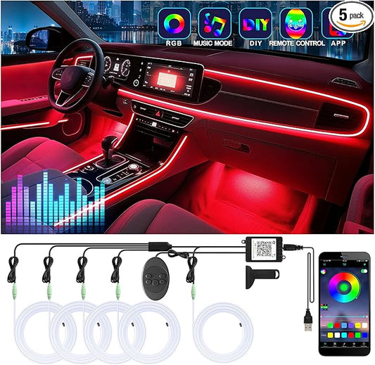 5 in 1 Car Led Strip Lights with App Control, RGB Colors Interior Car Lights, Ambient Led Lighting Kit, 4 Light Flashing Modes, USB Neon Accessories for Doors, Center Console