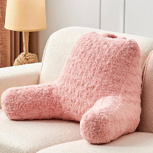 Reading Pillow, Rose Velvet Back Pillow with Arms for Bed Sitting Up, Bed Pillow for Adult Children, Backrest Pillows with Washable Cover, Chair Pillow for Watching TV/Gaming/Relaxing (Pink)