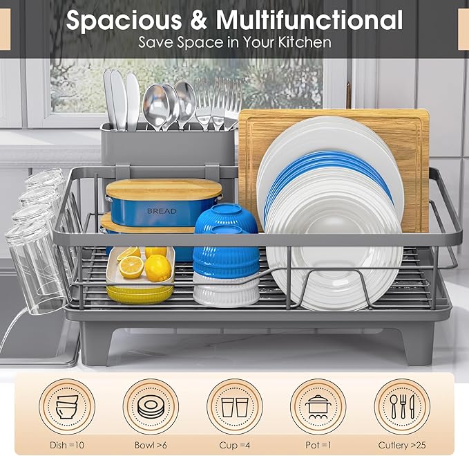 Urackify Dish Drying Rack for Kitchen Counter, Sink Dish Rack with Drainboard 12.2" W x 16.5" L, Large Dish Drainer with Cutlery Holder, Home Countertop Plate Dryer Storage Rack, Gray