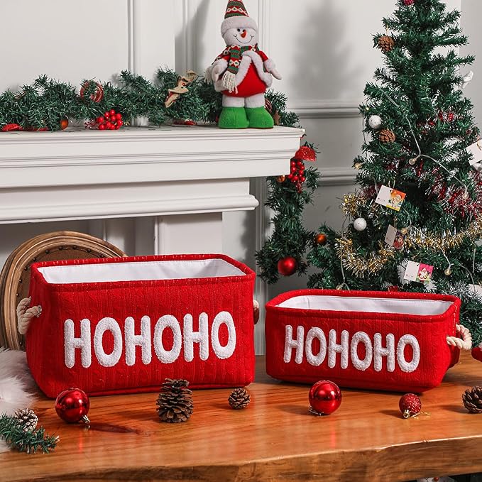 INough Christmas Gift Basket, Large Red Empty Storage Basket with Handle, Holiday Organizer for Toys, Gifts, Baby Items and Home Christmas Decorations
