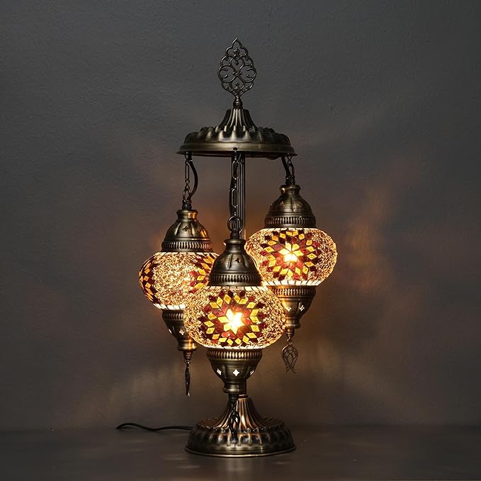 Asylove Turkish Lamp, 3 Globe Turkish Mosaic Table Lamp, Living Room and Office Decoration Lighting 5 inc Globe Total Dimesions 12 x 12 x 24 inch (Brown)