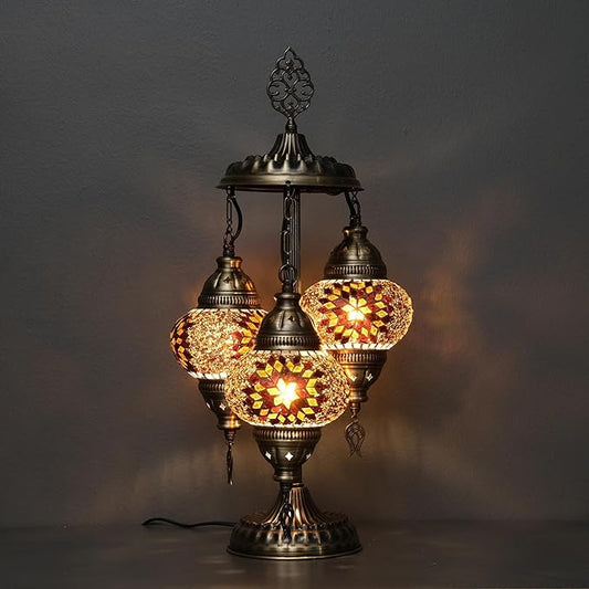 Asylove Turkish Lamp, 3 Globe Turkish Mosaic Table Lamp, Living Room and Office Decoration Lighting 5 inc Globe Total Dimesions 12 x 12 x 24 inch (Brown)