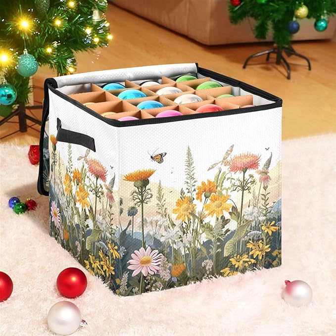 Kigai Wild Flower Christmas Ornament Storage Box with Zipper & Adjustable Dividers Holiday Ornament Organizer Xmas Storage Container, 64 Balls