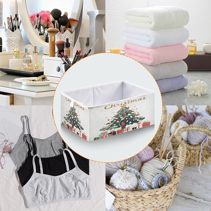 Christmas Tree Fabric Storage Bins Foldable Closet Organizers and Storage Sturdy Storage Boxes for Living Room Bathroom, 15.7x10.6x7 Inch