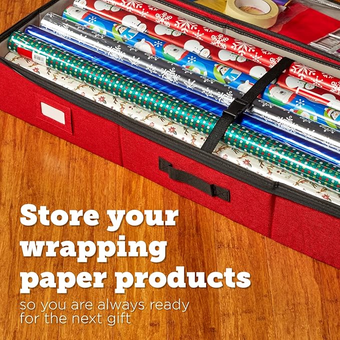 storageLAB Wrapping Paper Storage Container with Standalone Ribbon & Accessories Storage Box, Under Bed Gift Wrap and Bag Organizer, Fits 40-Inch Long Rolls (Red)