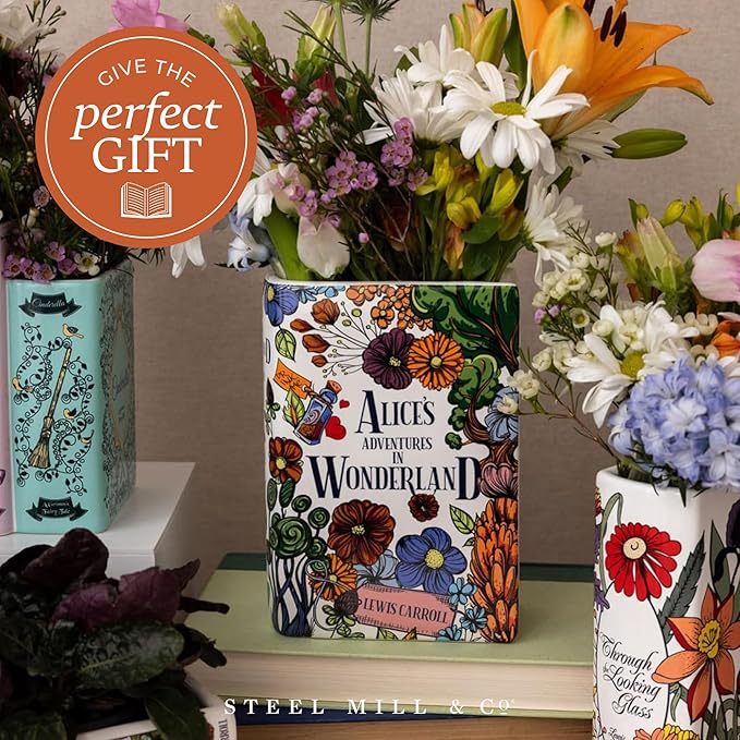 Steel Mill & Co Original Large Book-Shaped Decorative Vase, Ceramic Vases for Home Decor, Cute Bookshelf Decor, Unique Vase for Book Lovers, Alice's Adventures in Wonderland - Floral Nonsense