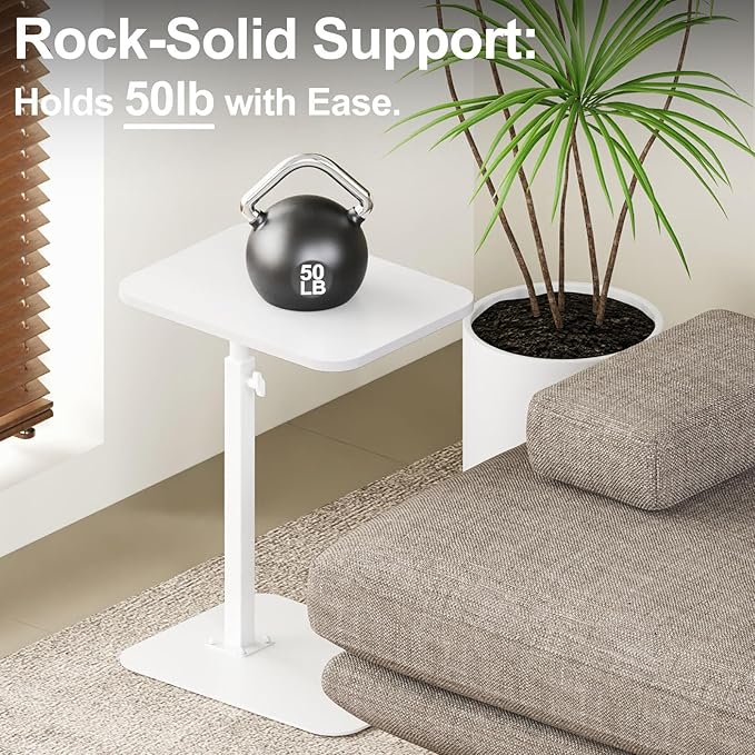 HzTinT Side Table Sofa Tray for Couch Heavy Metal Base Swivel/Adjustable Height, Sofa Bed Bathroom Study TV Tray C Shaped End Table Food Snack Trays for Eating
