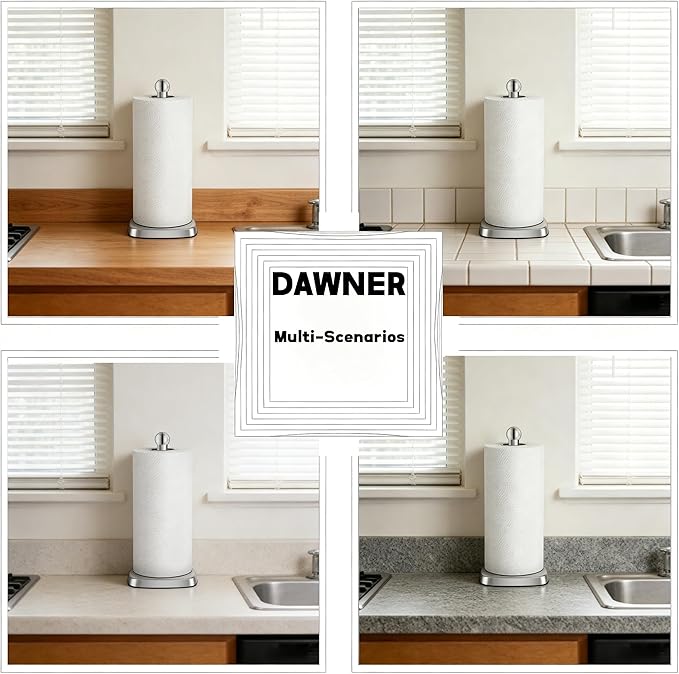 DAWNER Secure Grip Paper Towel Holder Countertop, Easy to Tear with One-Hand, Stainless Steel Paper Towel Stand, Dual-Weighted Suction Base for Kitchen & Bathroom‌