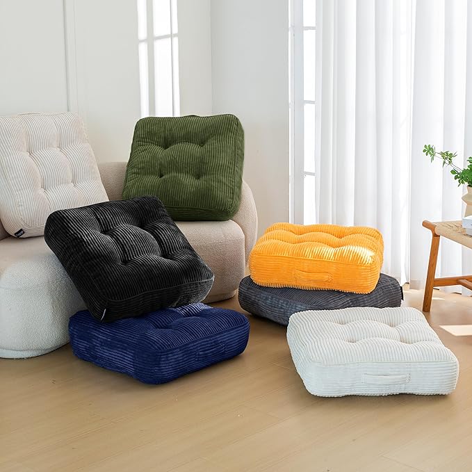 HIGOGOGO 6" Extra Thick Floor Pillow Cushion for Adults, Meditation Cushion Pillow, Large Square Floor Sitting, Tufted Corduroy Cover, for Tatami Living Room or Yoga, 22x22 Inch, Dark Green