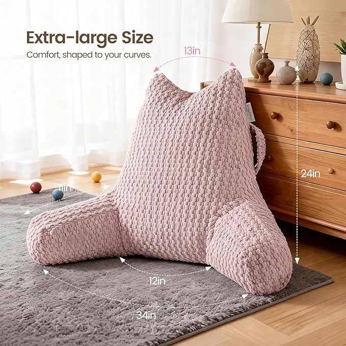 Reading Pillow for Bed Sitting Up, Backrest Pillow with Shredded Memory Foam Filling, Back Support Cushion, Bed Rest Pillow with Arms, Pockets and Washable Cover-Pink