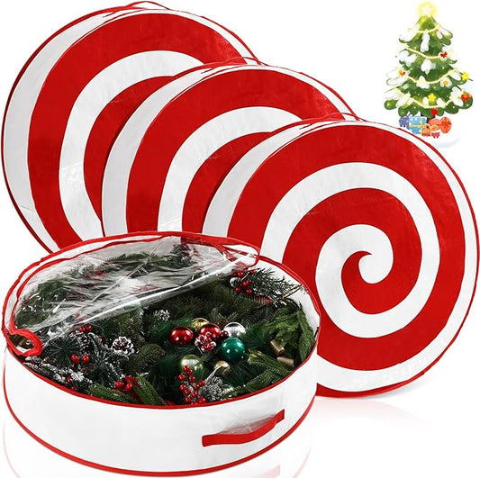 4 Pcs 30 Inch Christmas Wreath Storage Bag Candy Cane Wreath Storage Container Clear Window Dual Zipper Handle Red White Peppermint Garland Organizer for Holiday Decoration, Classic Lollipop