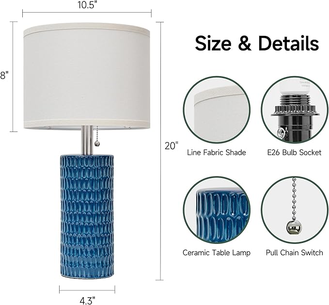 Reaketon Table Lamps for Living Room Set of 2, Ceramic Table Lamps for Bedroom, 20" Modern Lamps for Night Stands, Blue
