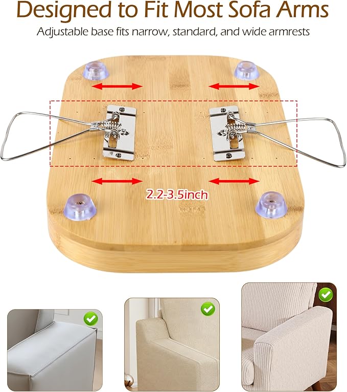 Sofa Arm Tray Table, Bamboo Couch Armrest Tray Clip-On with Adjustable Width Support Leg, Non-Slip Silicone Pads & Scratch Protection, Couch Side Table for Drinks, Snacks, Remote