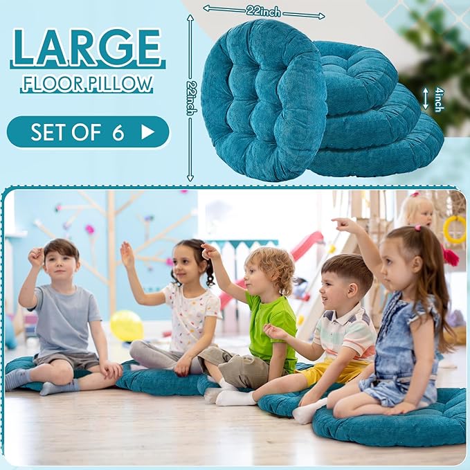 Jerify Floor Pillow Cushions Large Round Square Large Meditation Floor Pillow for Classroom Adult Meditation Picnic Party Seating Learning Daycare School(Round,Aquamarine,6 Pcs)