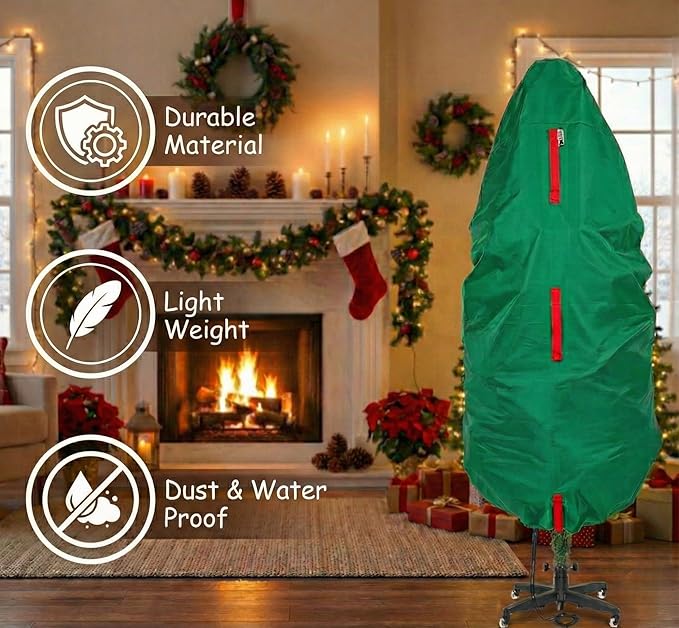 Upright Christmas Tree Storage Bag - Fits 7 Ft Artificial Xmas & Topiary Tree, Vertical Holiday Cover, Durable, Dustproof & Easy-Use Xmas Storage, Green