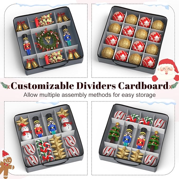 Keten Christmas Ornament Storage Boxes with 8 Individual Trays, Fits 128 Holiday Ornaments 3-Inch, Christmas Ball Accessories Container with 48 Dividers, Dual Zippered Closure, 600D Oxford (Grey)
