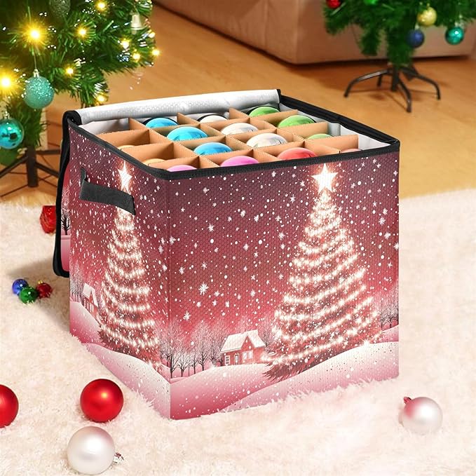 Red Christmas Tree Ornament Storage Basket Box Xmas Jingle Bells Winter Holiday Storage Container Cube with Adjustable Dividers for 64 Holiday Ornaments or Decorations Keeps Clean and Dry