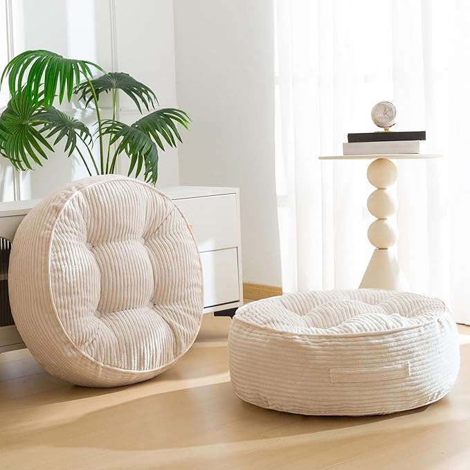 HIGOGOGO 8" Extra Thick Floor Pillow Cushion for Adults, Meditation Cushion Pillow, Large Round Floor Sitting, Tufted Corduroy Cover, for Tatami Living Room or Yoga, 22x22 Inch, 2Pack, Beige