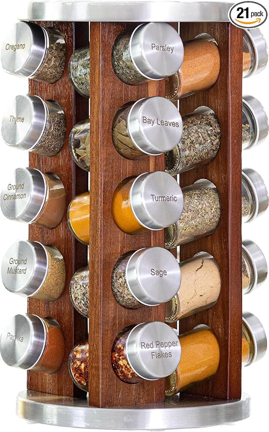 Orii 20 Jar Rotating Dark Acacia Wood Spice Rack with Spices Included & 5-Year Spice Refill Program – Rustic Wood Countertop Spice Rack with Glass Jars