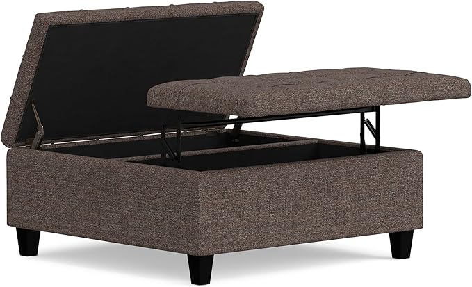 SIMPLIHOME Harrison Coffee Table Storage Ottoman - 36 inch Wide Upholstered Tweed Look Fabric Square Lift-Top Ottoman in Mink Brown, Transitional Ottoman for Living Room with Hidden Storage