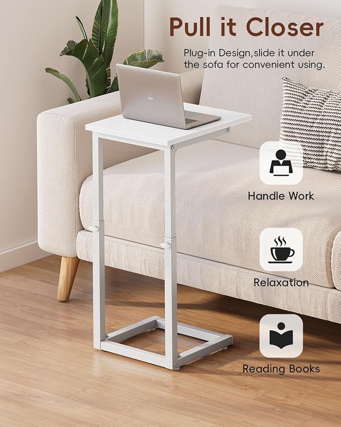 Vagusicc C Shaped End Table, 33"C Table End Table Adjustable Height, Small Side Table for Couch, Tv Tray Table for Small Spaces, Couch Table That Slide Under, Sofa Table for Living Room,Bedroom, White