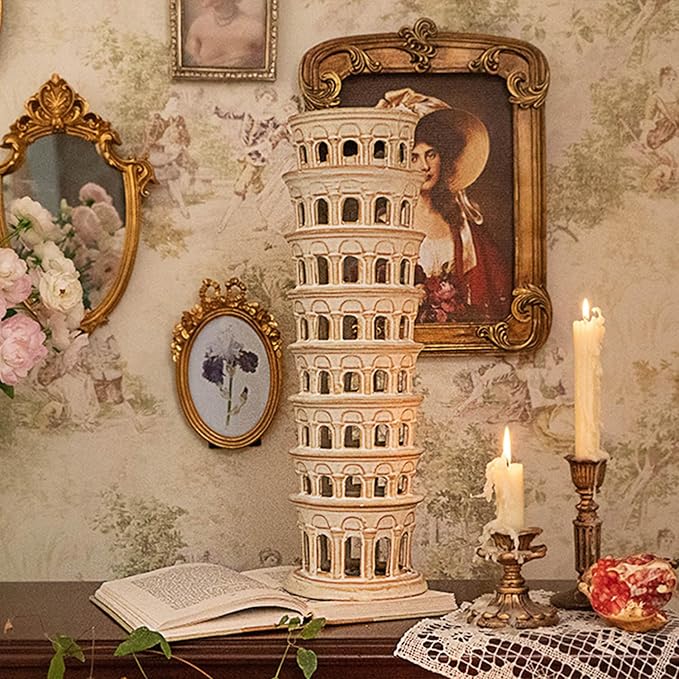 Ceramic Home Decoration 15.1 Inch Tall Leaning Tower for Living Room Bedroom Office Modern Farmhouse Antique Rustic Nordic Ornament Desktop Fireplace Centerpiece Decor