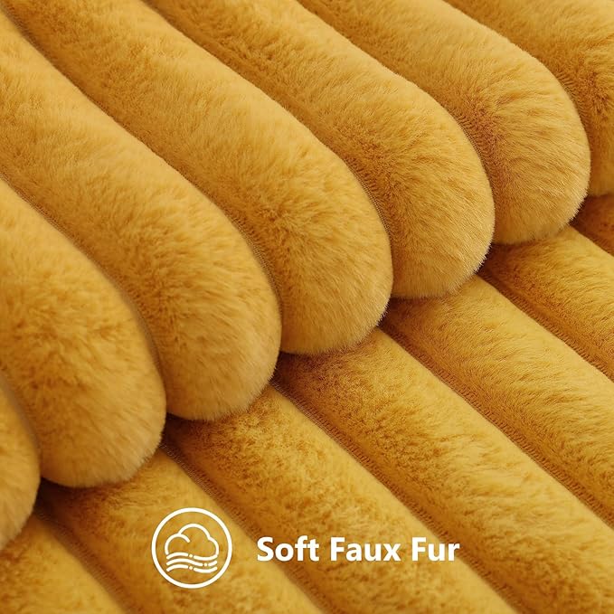 decorUhome Summer Cozy Faux Fur Throw Pillow Covers 22x22 Set of 2 Decorative Plush Striped Modern Farmhouse Boho Couch Euro Sham Pillow Cases with Velvet Back for Sofa Bed Living Room, Mustard Yellow