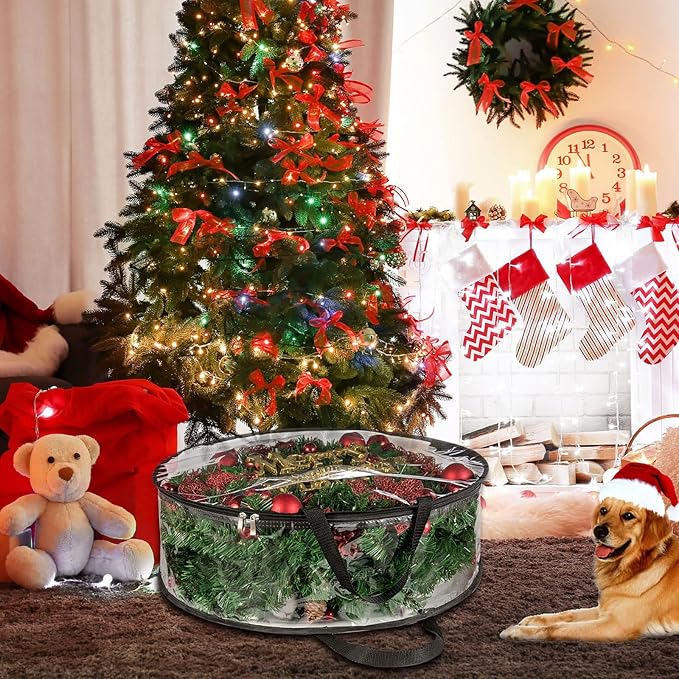 4 PCS Clear Wreath Storage Bag, 24x8 Inch Christmas Wreath Storage Container, Heavy Duty PVC Wreath Protector with Handle for Xmas Holiday Seasonal Wreath Garland (Black)