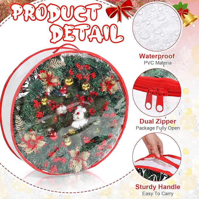 Aliceset 4 Pack Wreath Storage Containers, Ornament Garland Wreath Storage Bags with Handle Zipper Decorative Storages Box for Winter Valentine Wreaths(36 x 36 x 7.8 Inch,White)