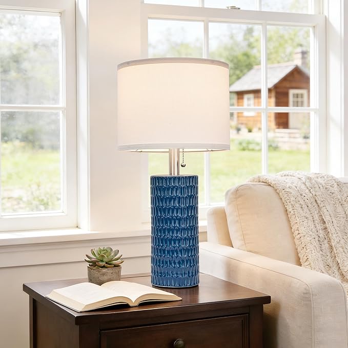 Reaketon Table Lamps for Living Room Set of 2, Ceramic Table Lamps for Bedroom, 20" Modern Lamps for Night Stands, Blue
