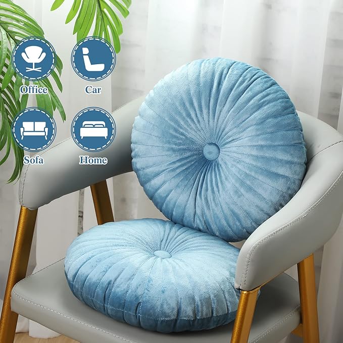 Namalu 2 Pcs Round Throw Pillow 13.8 Inch Decorative Round Velvet Floor Pillows Pumpkin Throw Pillows with Center Button for Thanksgiving Home Decor Living Room Sofa Couch Bed Chair (Blue)