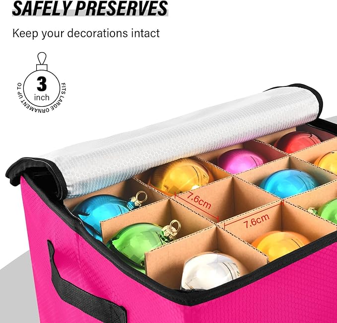 Hot Pink Christmas Ornament Storage Basket Box Holiday Storage Container Cube with Adjustable Dividers for 64 Holiday Ornaments or Decorations Keeps Clean and Dry for Next Season
