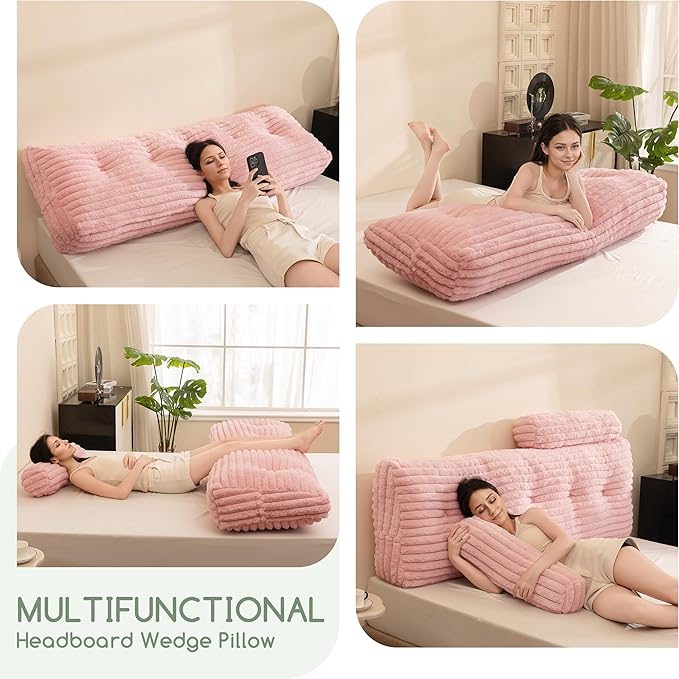 HIGOGOGO Triangular Headboard Wedge Pillow with 2 Cylindrical Pillows and Memory Foam Filling, Daybed Pillows for Sitting up, Reading or Working with Removable Cover,King 76"x19.7"