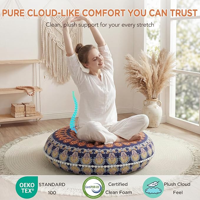 Codi Floor Pillows for Sitting Set of 2, Large Meditation Cushions for Adults with Memory Foam, Bohemian Mandala Round Seating for Outdoor Yoga and Living Room, Washable，32 Inch, Yellow
