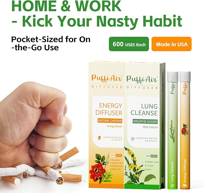 Herbal Diffuser Duo, Lung Cleanse and Energy Diffuser Pens with Extract of Mullein and Natural Caffeine, 100% Natural Swap, Home & Work Duo, 4 Sticks, 600 Uses Each