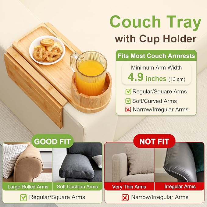 Couch Cup Holder,Bamboo Couch Arm Tray with 360° Rotating Cup Holder,Foldable Anti-Slip Sofa Arm Chair Tray for Eating Snack Drink Side Table