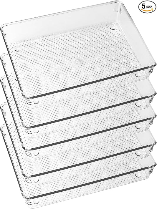5 Pack Clear Plastic Drawer Organizer Tray Cutlery Utensil Makeups Drawer Silverware Organizers 6" X 9"