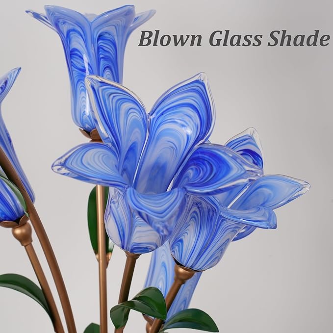 Skyblaze Classic Style Table Lamp with Flower Glass Shade, Elegant Flower Night Light, Art Deco Accent Table Lamp for Bedroom Living Room (Blue, 6 Lights)