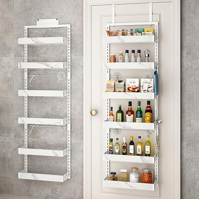 BUKFEN 6-Tier Over the Door Pantry Organizer, 2-in-1 Door Hanging or Wall Mounted Spice Rack, Heavy Duty Metal Storage Shelves with Adjustable Baskets for Kitchen Bathroom Closet, 1 Pack