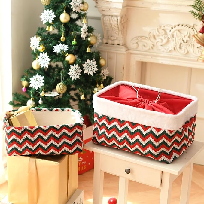 INough Christmas Ornament Storage Box Holiday Decoration Organizer, Knitted with Bulky Yarn Christmas Basket for Kids Gifts Baskets Empty with Handles Santa Sack with Drawstring (Large, Green Wave)