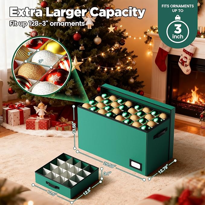 Christmas Ornament Storage Box, Ornament Organizer Storage box with Lids and Adjustable Dividers, Store Up to 128-3" Ornaments, Large Holiday Decor Storage Container with 8 Stackable Trays, Green