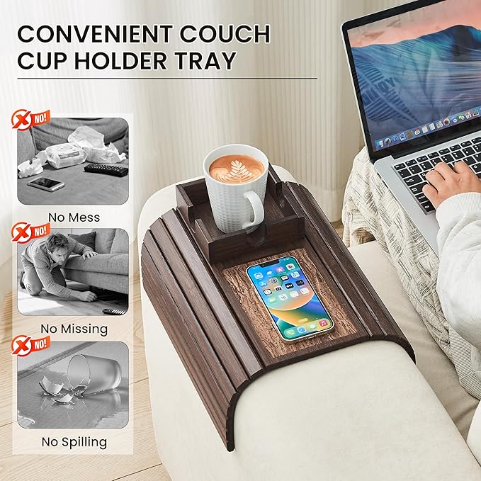LOVYANXUE Bamboo Sofa Arm Tray Table, Foldable Couch Cup Holder, Anti-Slip Wide Couch Arm Tray Aremrest Table for Drink, Cup, Remote, Snacks, Cellphone, Portable, Brown